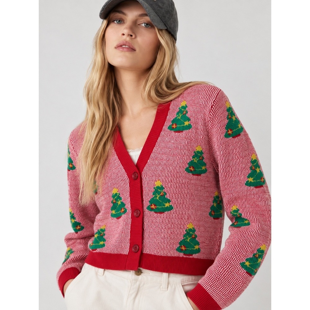 Christmas Tree Knit Cropped Cardigan Sweater Red White Holiday Festive Medium